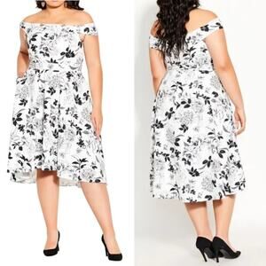 CITY CHIC DRESS 18 FLORAL BLACK WHITE FLOURISH MIDI OFF SHOULDER RUFFLED